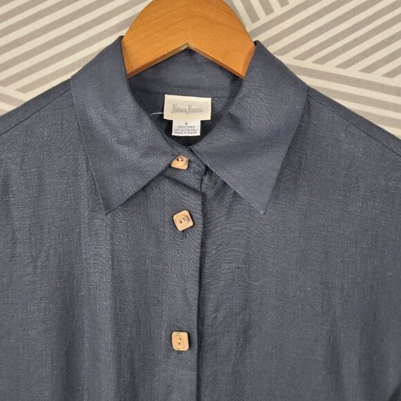 Vtg Neiman Marcus 100% Linen Small Shirt Jacket Dress Long Sleeve Tunic Black - Picture 3 of 6